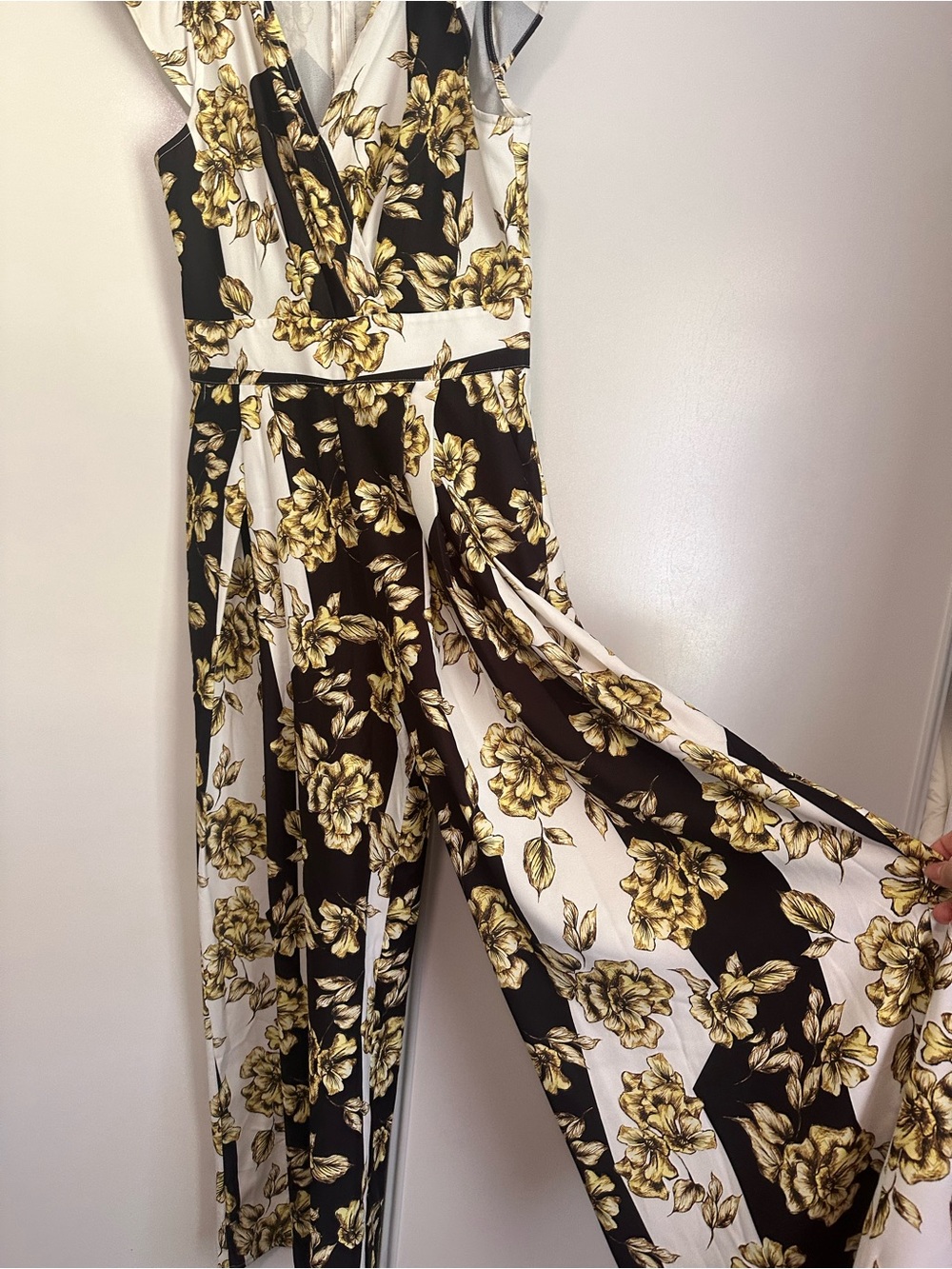Black and Cream Floral jumpsuit with Gold Accents